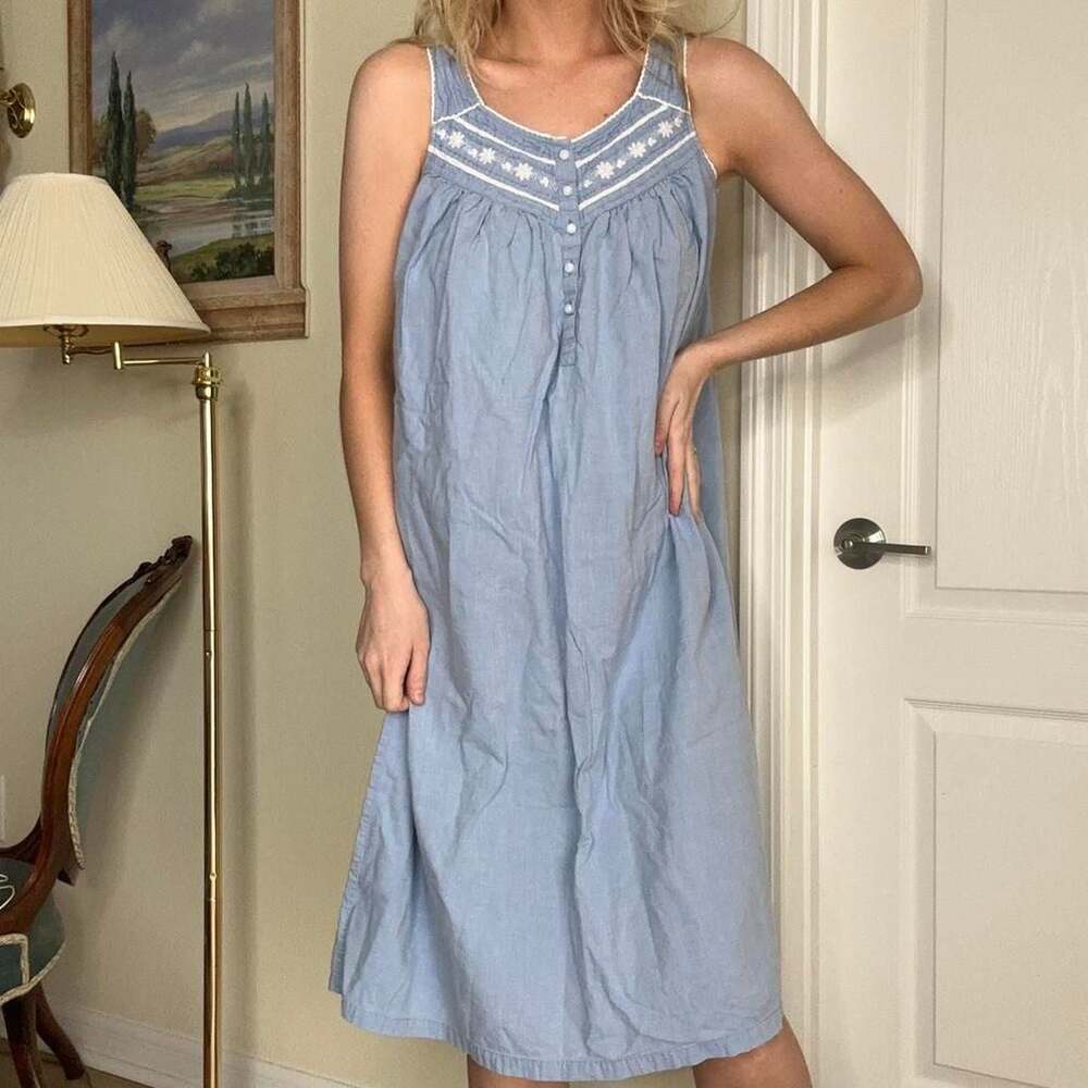 Women's Blue Sleeveless Cotton Nightdress with Embroidered Yoke - Picture 4 of 9